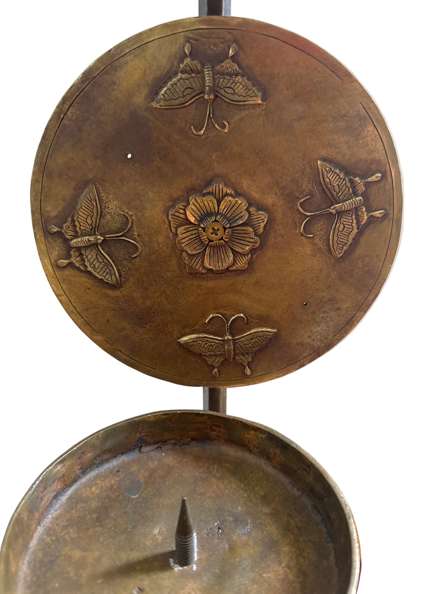 Korean Brass Candlestick with Longevity Symbol & Butterfly Motif – Antique Asian Décor