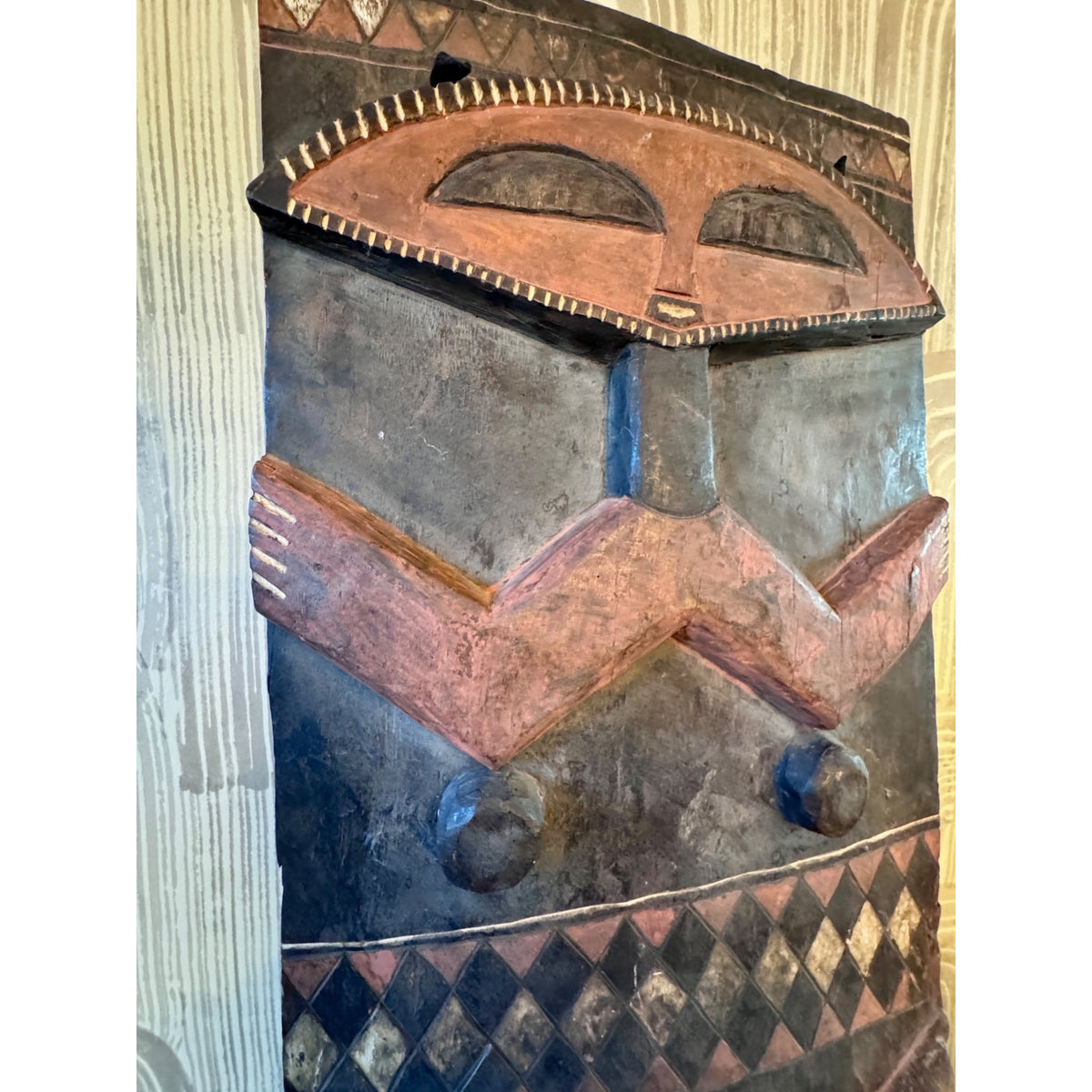 Late 20th Century Pende Polychrome Carved Wood Figural Panel – DR Congo – 32"