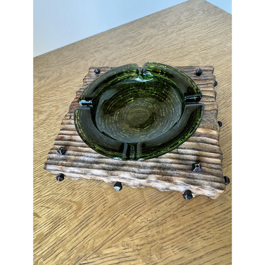 Hand-Carved Wood & Green Glass Ashtray with Iron Nail Accents