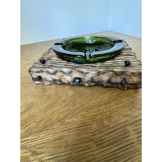 Hand-Carved Wood & Green Glass Ashtray with Iron Nail Accents