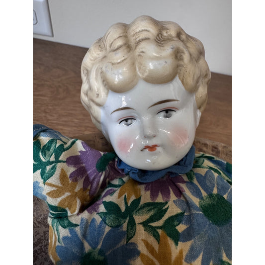 Vintage China Doll with Cloth Body – 15" Floral Dress – As Is