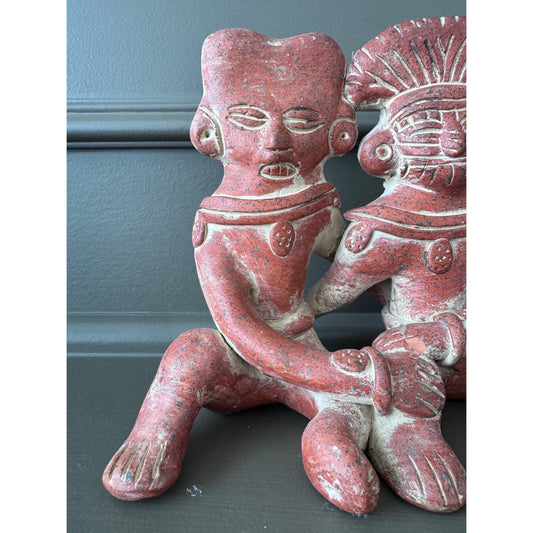 Pre-Columbian Style Terracotta Figural Sculpture – Two Seated Figures, Folk Art Pottery