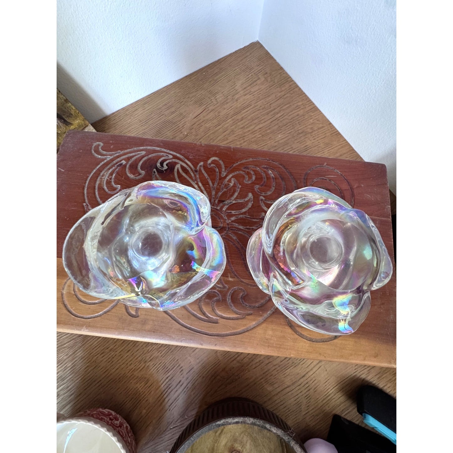 Iridescent Glass Flower Canddle Holders - Petite Floral Pair 3.25"