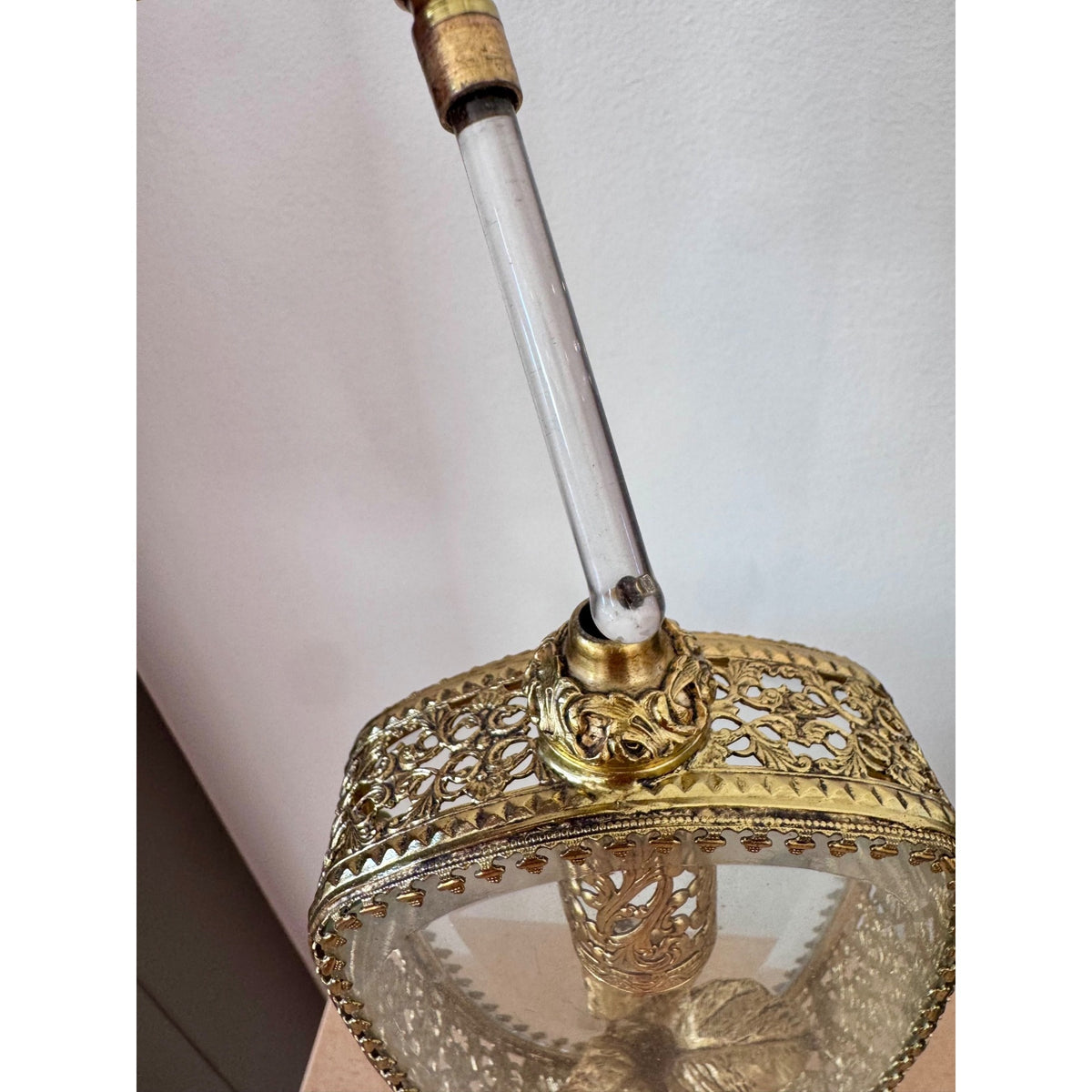 Vintage Ornate Gold Filigree Perfume Bottle Holder with Floral Finial