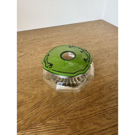 Vintage Green Hair Receiver with Painted Lid – Early Plastic Vanity Jar