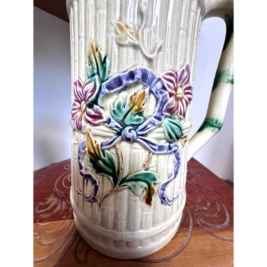 Majolica Style Floral Pitcher 8 Inch Relief Ceramic Vase