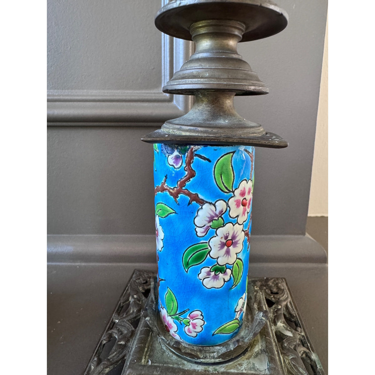 Pair Antique Emaux de Longwy Blue Floral Pottery & Metal Candlestick Holders
