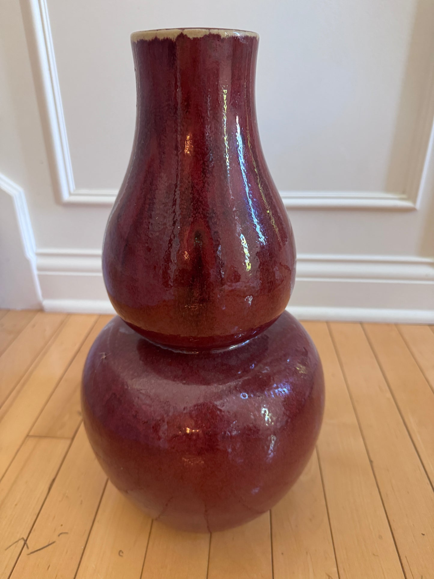 Large Chinese Oxblood “Sang de Boeuf” Double Gourd Porcelain Vase – 16.5” Tall, Mid-Century Jingdezhen Style