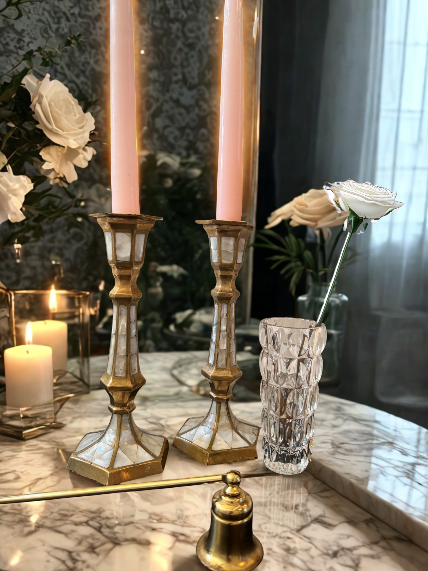 Mother-of-Pearl & Brass Candlestick Pair – 1970s–1990s