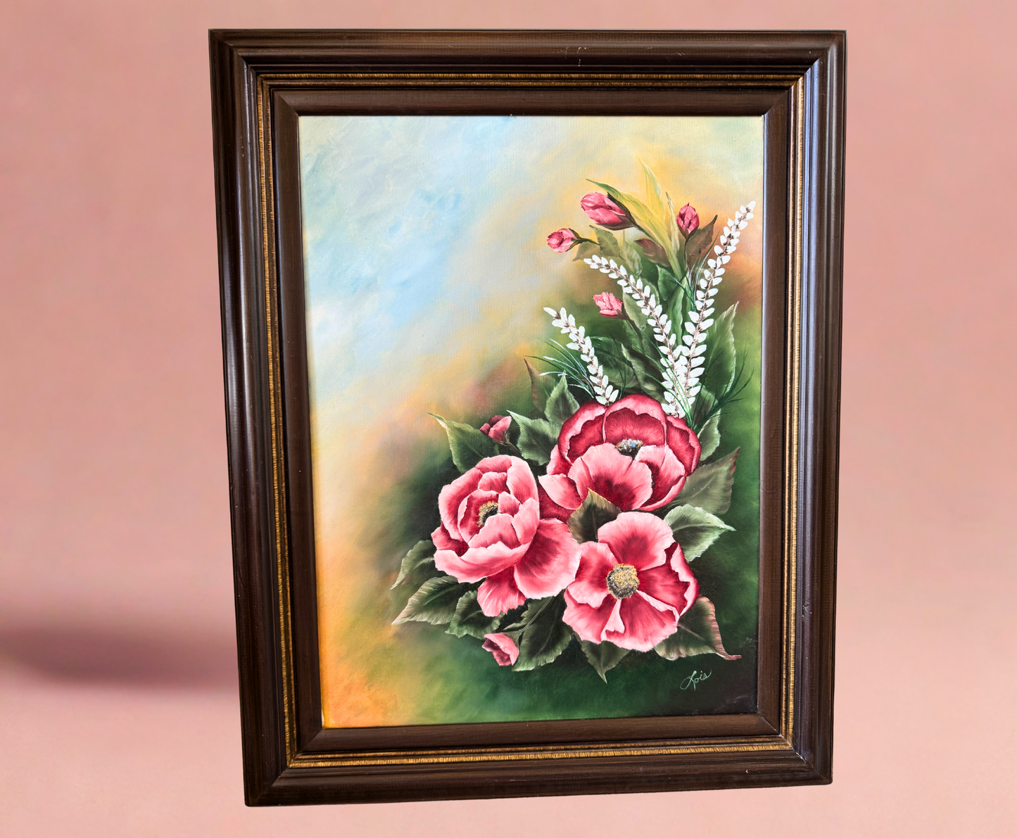 Pair of 1982 Signed Floral Oil Paintings by Lois Dill – Framed 18x24” Canvases