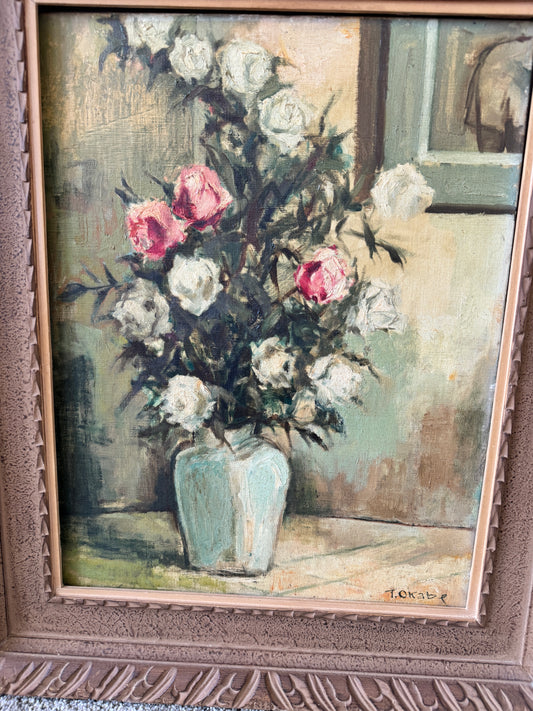 Floral Still Life by T. Okabe (c. 1930) – Oil on Canvas in Celadon Palette