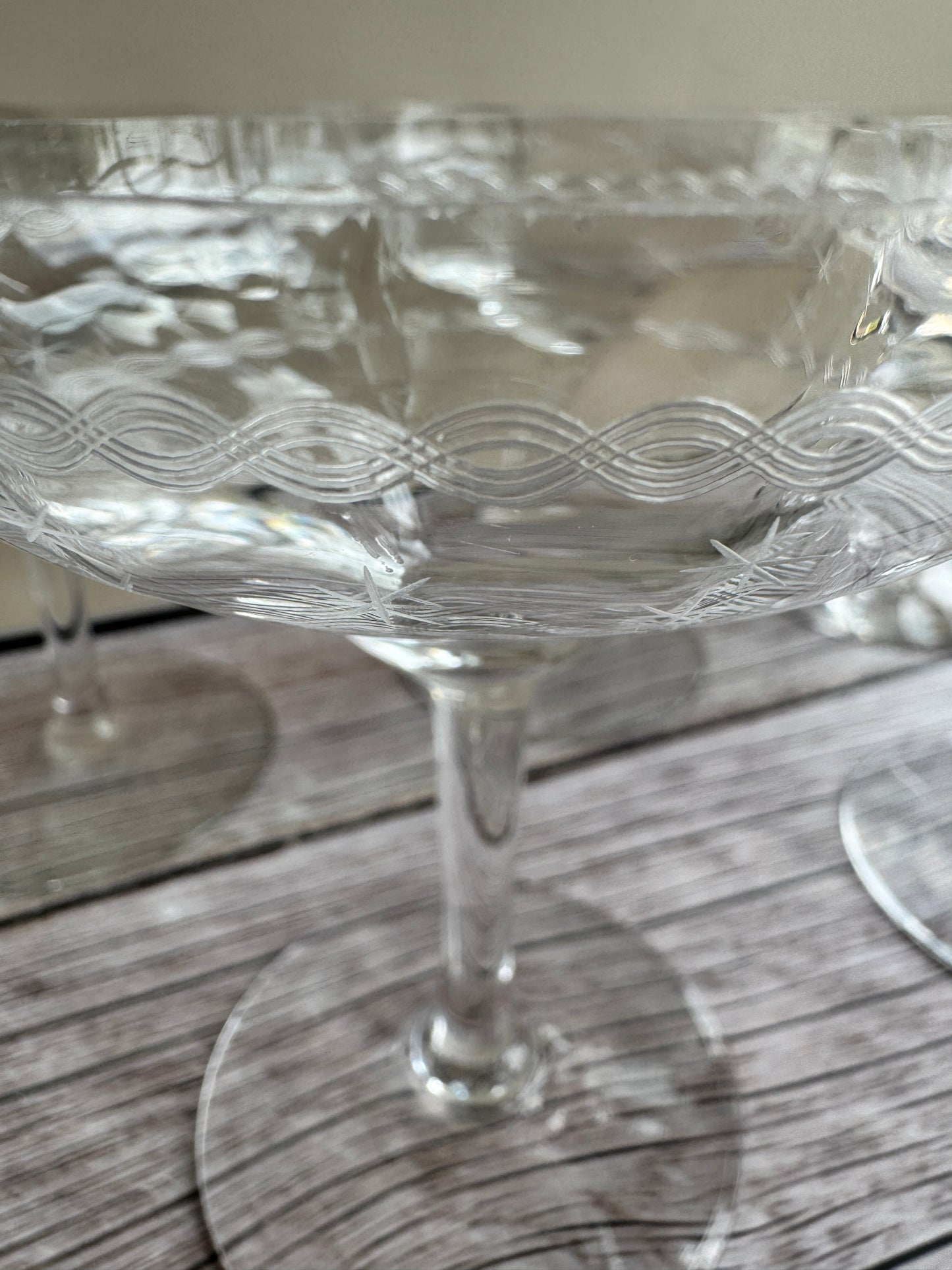 Set of 6 Vintage Etched Starburst Coupe Glasses | Mid-Century Cocktail or Champagne Saucers