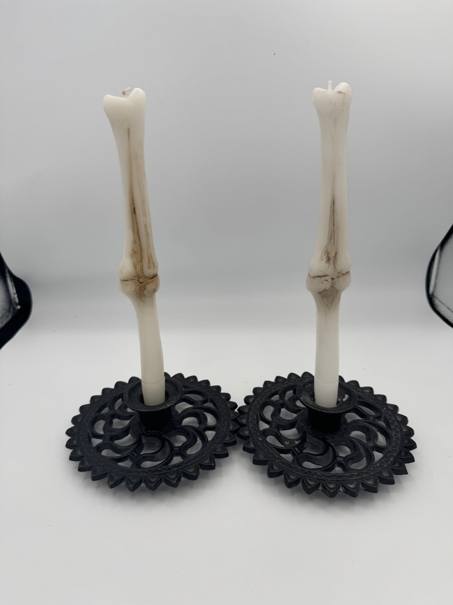 Vintage John Wright Cast Iron Candle Holders (Pair) – Gothic Style, Industrial Black, Model 872