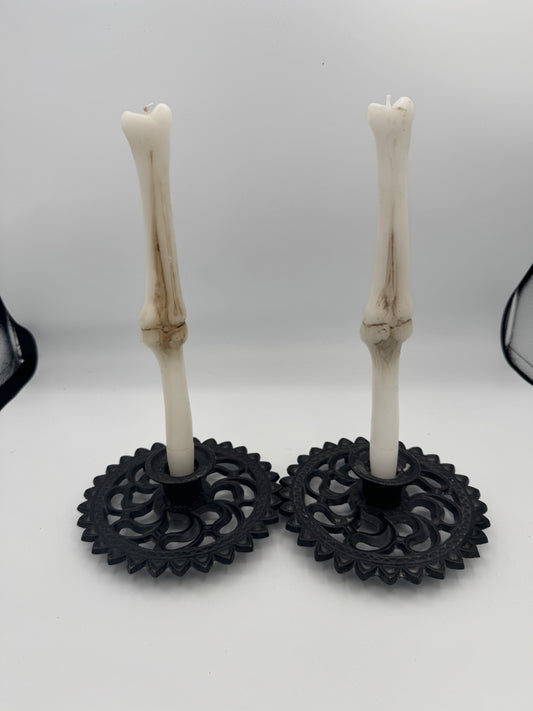 Vintage John Wright Cast Iron Candle Holders (Pair) – Gothic Style, Industrial Black, Model 872