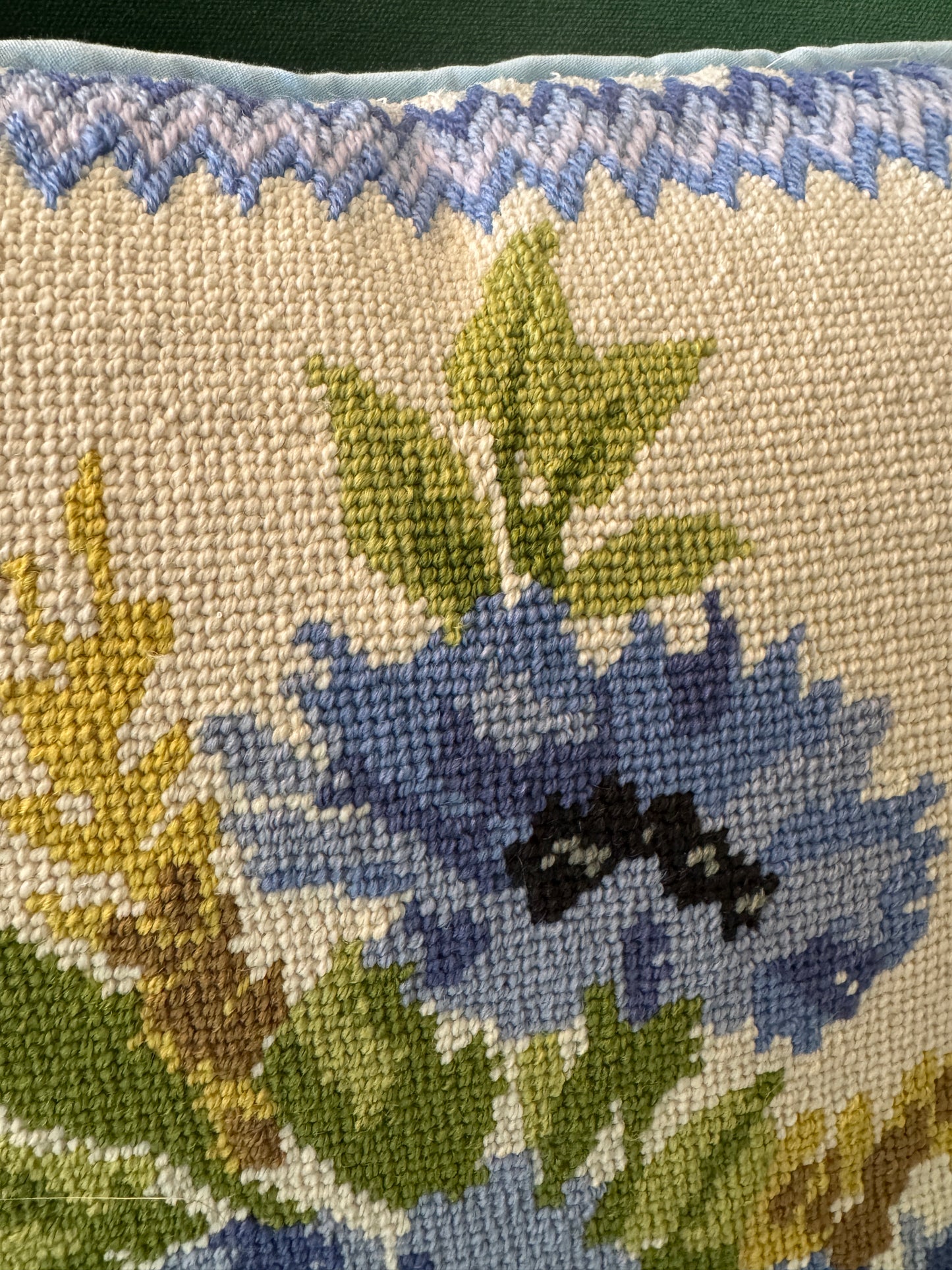 Vintage 1976 Minerva Blue Floral Needlepoint Pillow – 14” Square