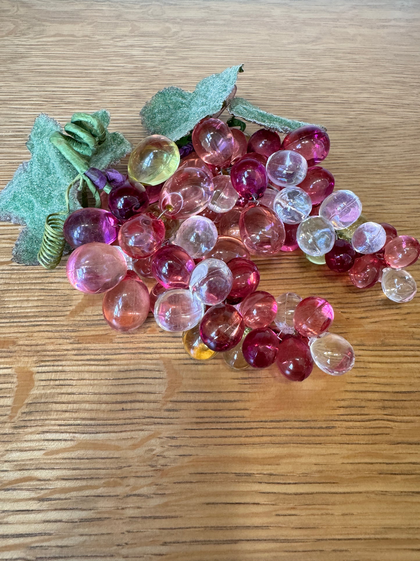 Pair of Vintage Acrylic Grape Clusters – Purple & Clear, Faux Leaf, 7" Each