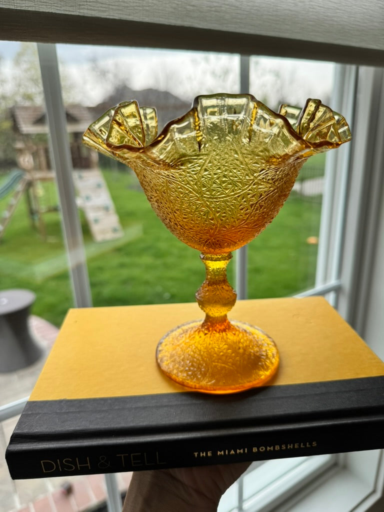 Fenton Tree of Life Amber Glass Compote – Ruffled Edge