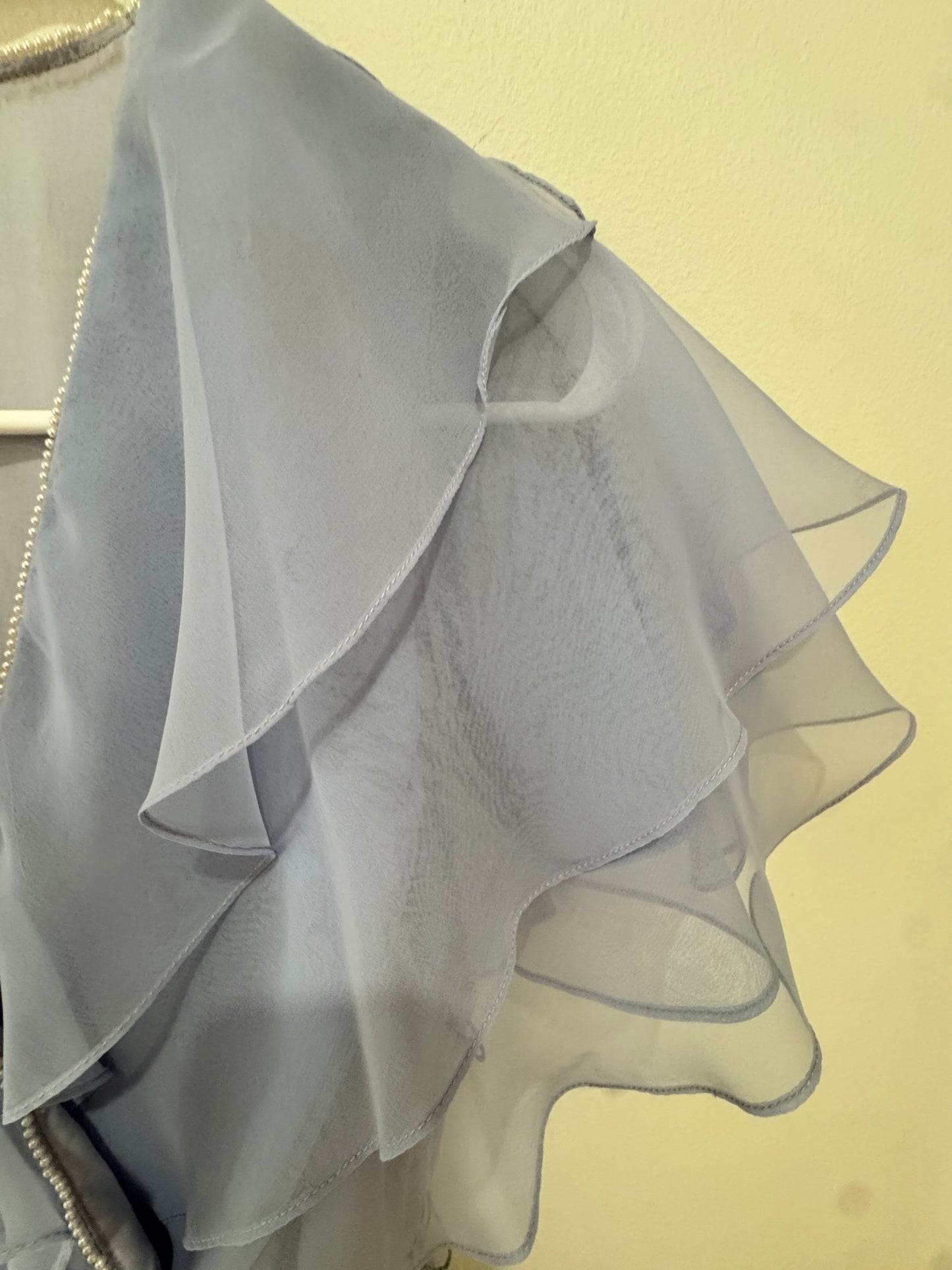 Ursula of Switzerland Pearl-Trimmed Chiffon Dress – Dusty Blue, Flutter Sleeve, Size 3/4
