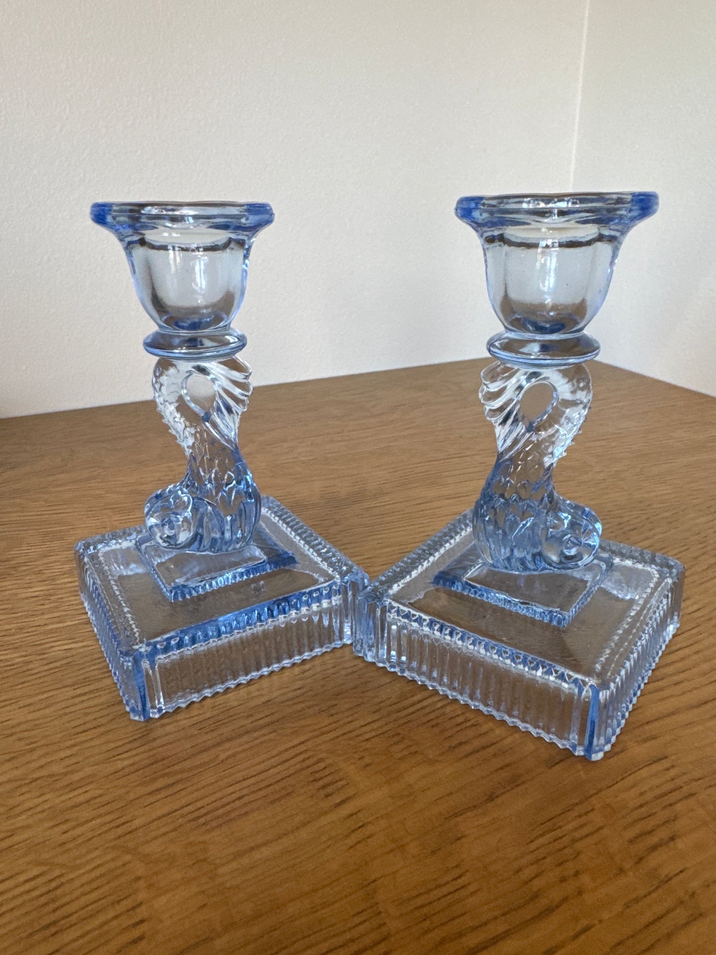 Mid-Century Blue Glass Dolphin Candlestick Holders – Set of Two