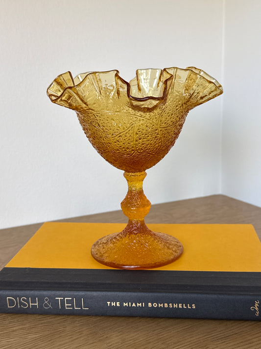 Fenton Tree of Life Amber Glass Compote – Ruffled Edge