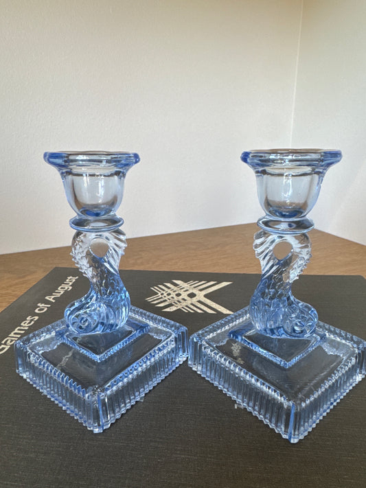 Mid-Century Blue Glass Dolphin Candlestick Holders – Set of Two