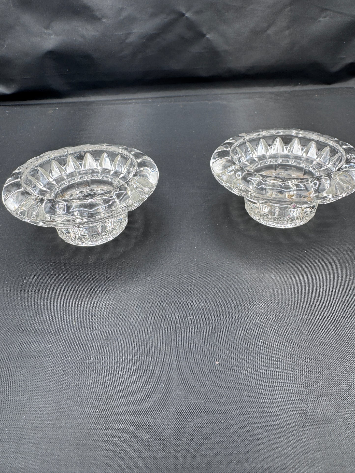 Vintage IG Malaysia Clear Pressed Glass Candle Holders – Pair, Starburst Rim
