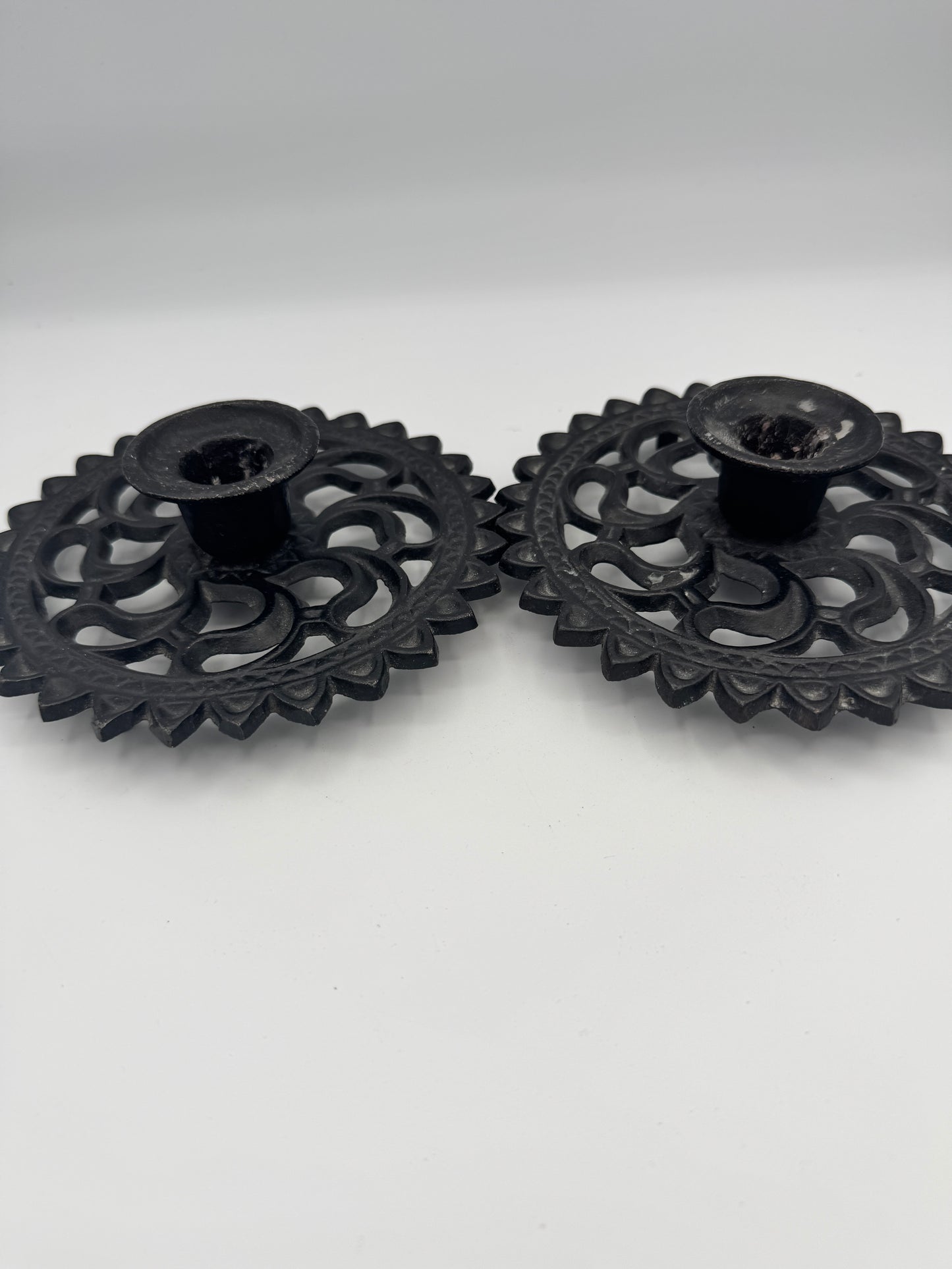 Vintage John Wright Cast Iron Candle Holders (Pair) – Gothic Style, Industrial Black, Model 872