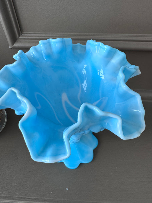 Fenton Blue Slag Glass Cabbage Rose Compote – Vintage Ruffled Pedestal Bowl