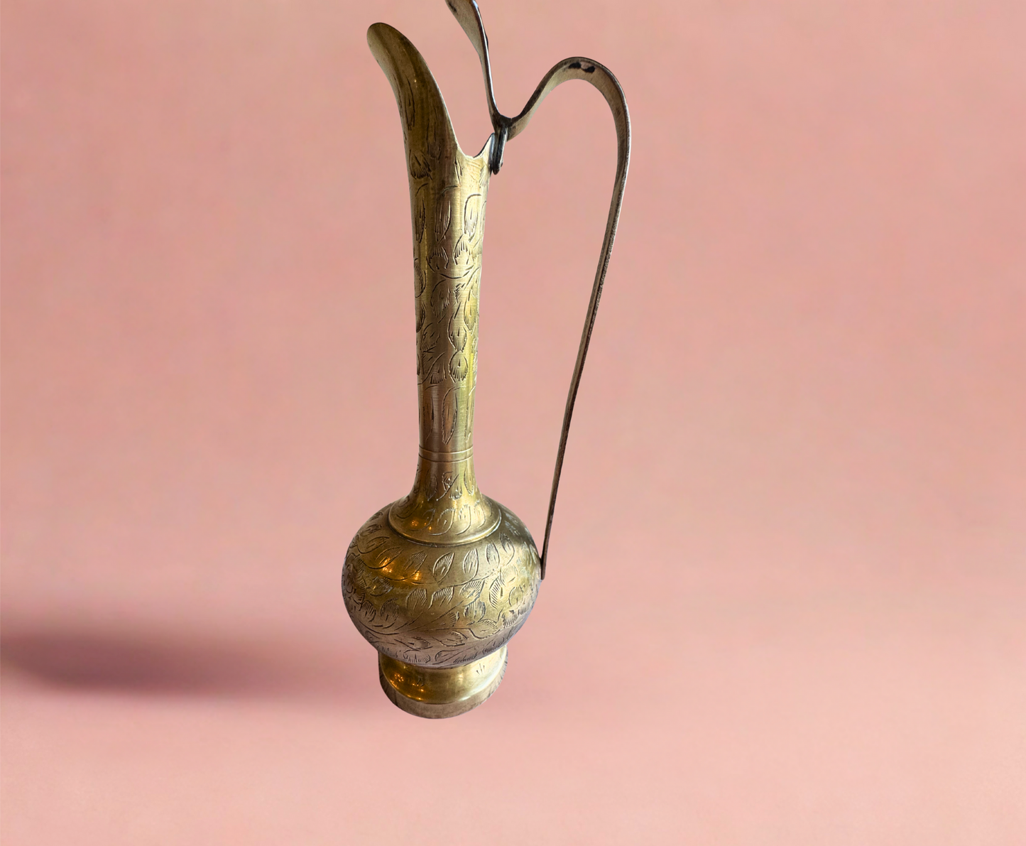 Hand-Engraved Brass Ewer Pitcher – Ornate Floral Detailing, 10.25” Tall
