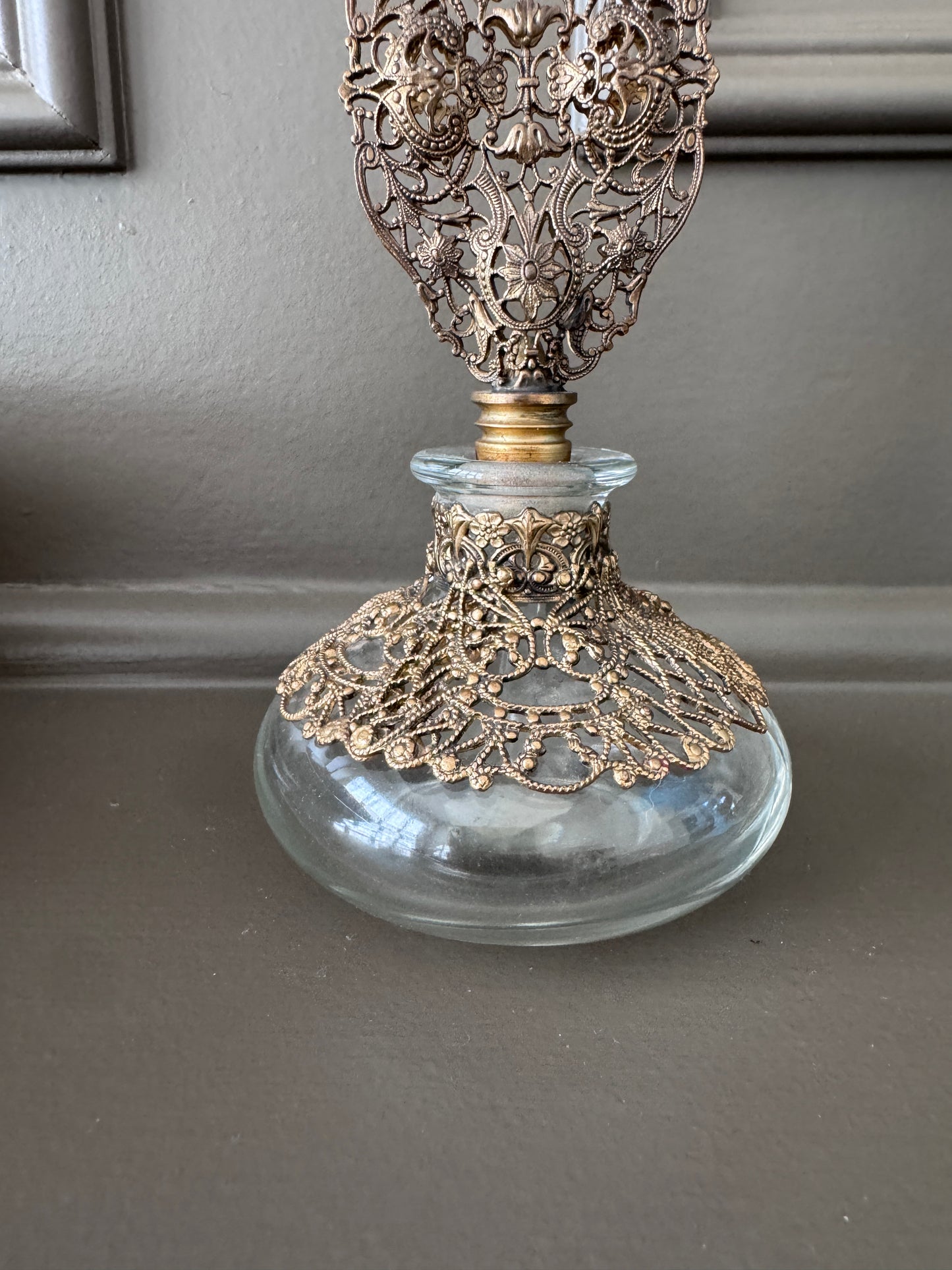 Vintage Apollo Perfume Bottle – Mid-Century Hollywood Regency Filigree Glass Vanity Bottle with Original Stopper