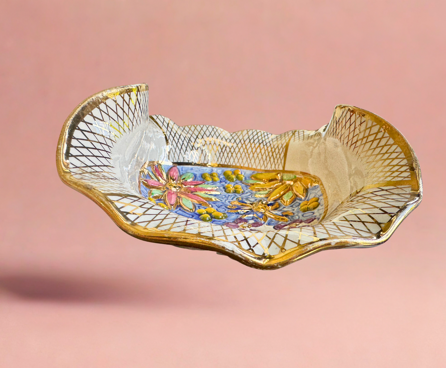 Vintage Belgium Ceramic Floral Leaf Dishes – Pair (Hand-Painted, Gold Lattice)