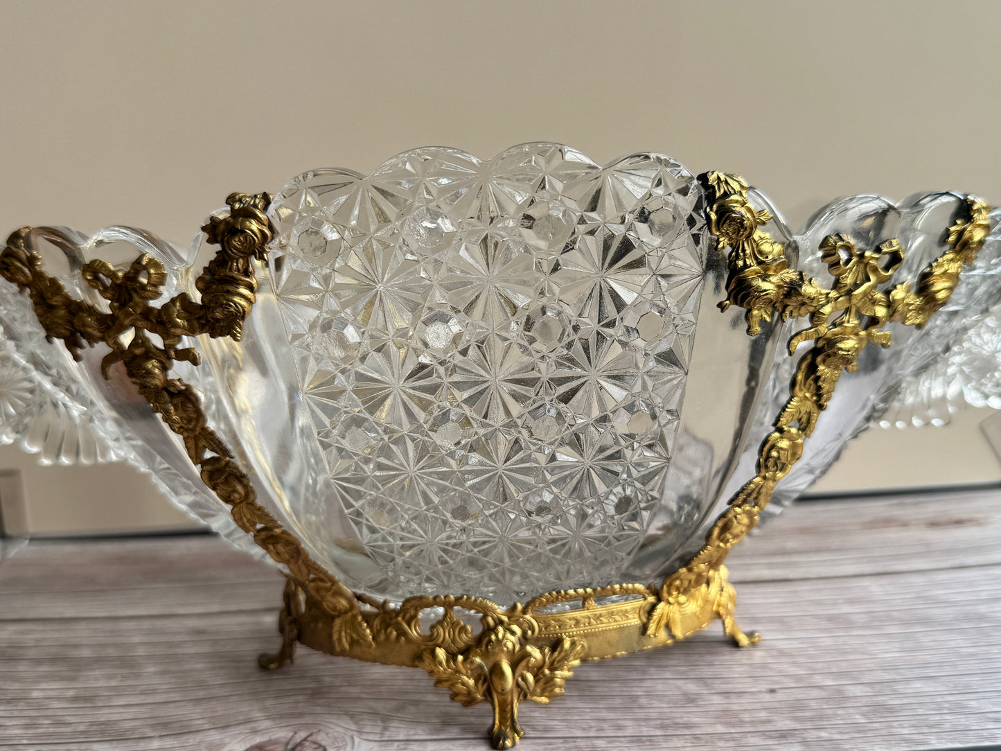 Vintage Cut Glass Bowl & Candlestick Set with Ornate Gilt Filigree Bases