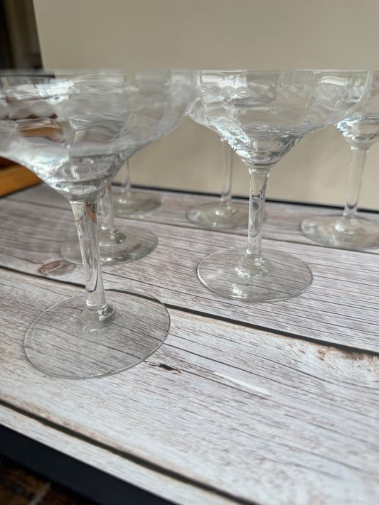 Set of 6 Vintage Etched Starburst Coupe Glasses | Mid-Century Cocktail or Champagne Saucers