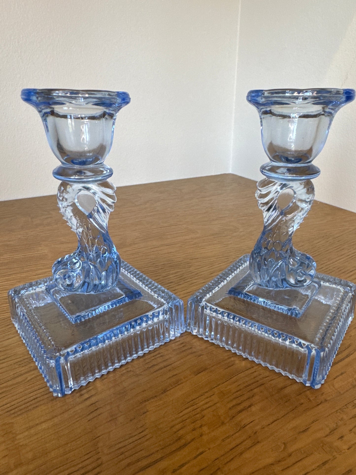 Mid-Century Blue Glass Dolphin Candlestick Holders – Set of Two
