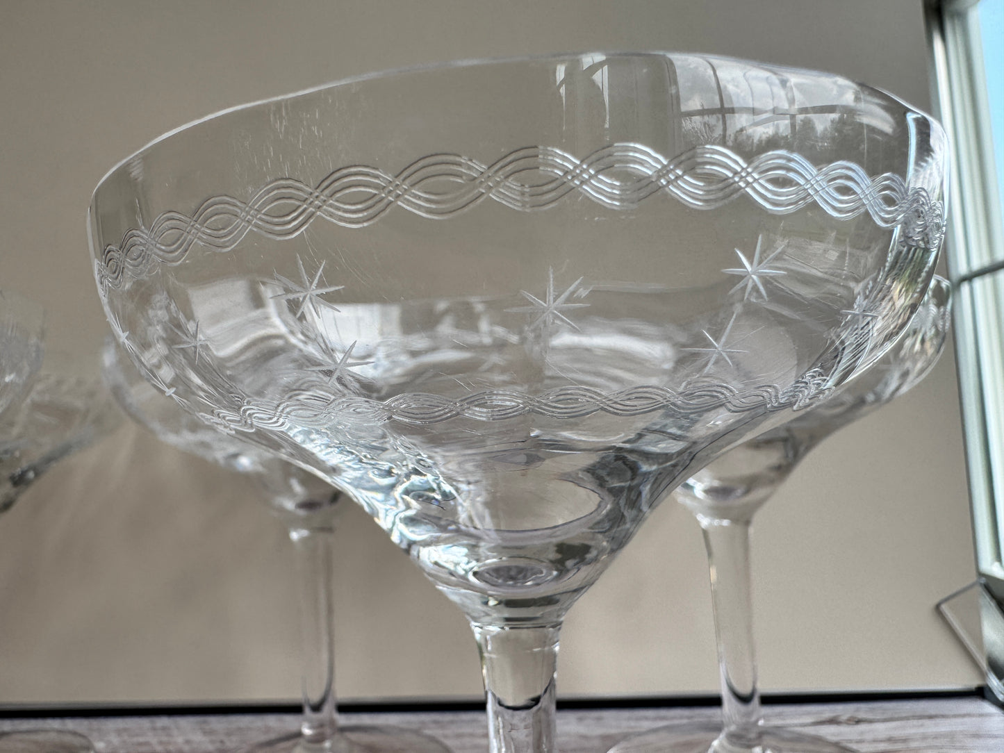 Set of 6 Vintage Etched Starburst Coupe Glasses | Mid-Century Cocktail or Champagne Saucers