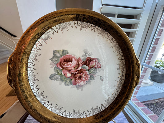 Curated Vintage Ceramic Platter & Napkin Ring Set – 22k Gold Rim + Crazed Glaze