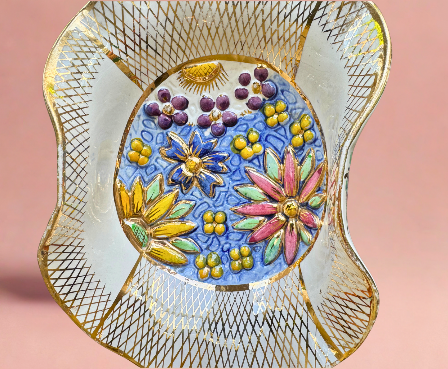 Vintage Belgium Ceramic Floral Leaf Dishes – Pair (Hand-Painted, Gold Lattice)