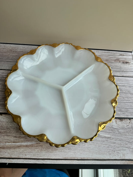 Vintage Milk Glass Dish with Gold Trim – Scalloped Divided Dish