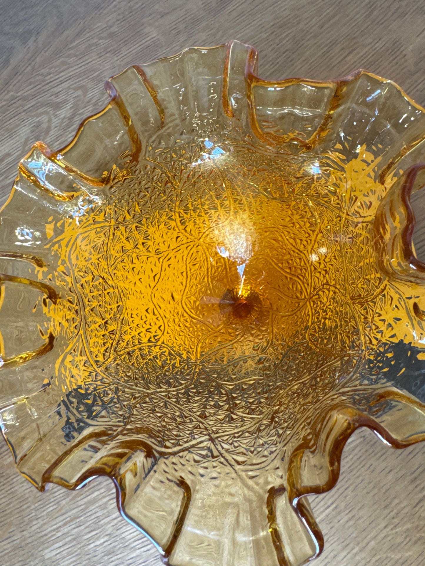 Fenton Tree of Life Amber Glass Compote – Ruffled Edge