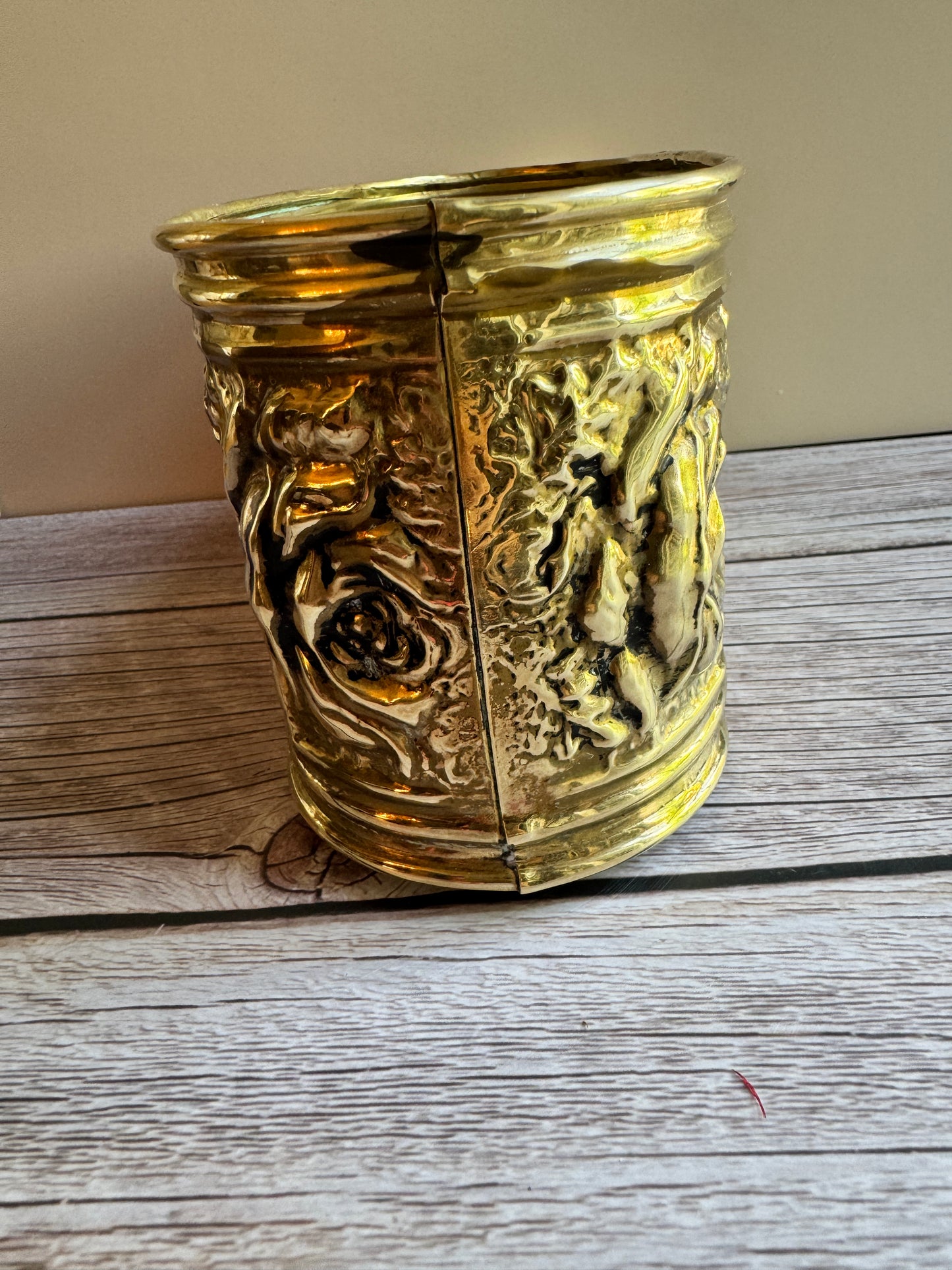 Vintage Embossed Brass Planter & Coaster Set – Made in England, Floral Detail, Patina