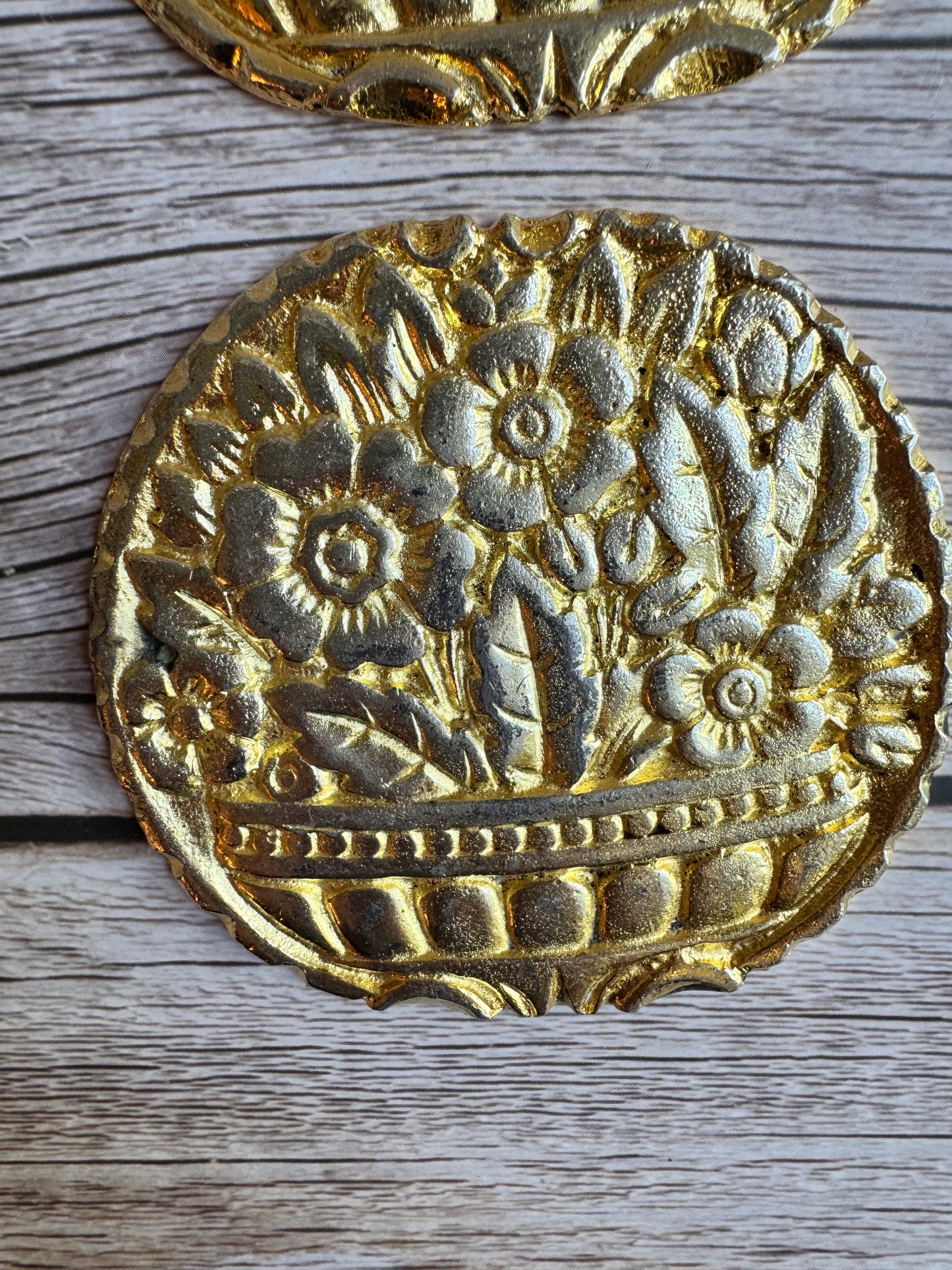 Vintage Embossed Brass Planter & Coaster Set – Made in England, Floral Detail, Patina