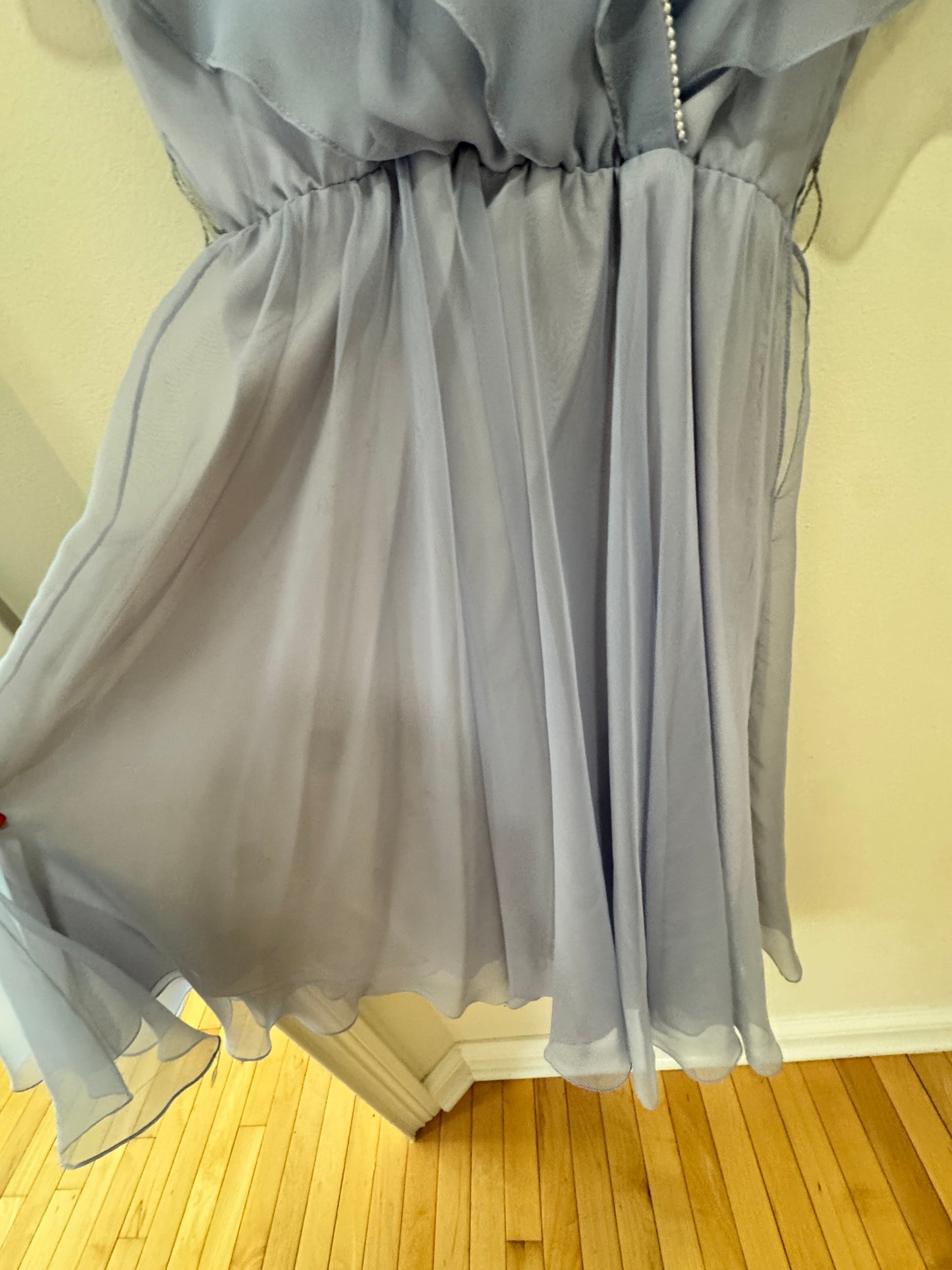 Ursula of Switzerland Pearl-Trimmed Chiffon Dress – Dusty Blue, Flutter Sleeve, Size 3/4