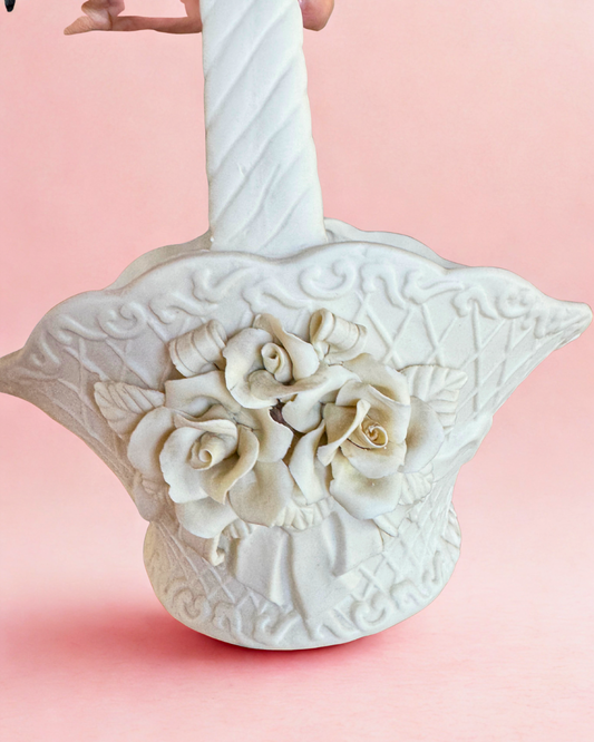 Vintage White Ceramic Rose Basket – Floral Centerpiece or Vanity Decor