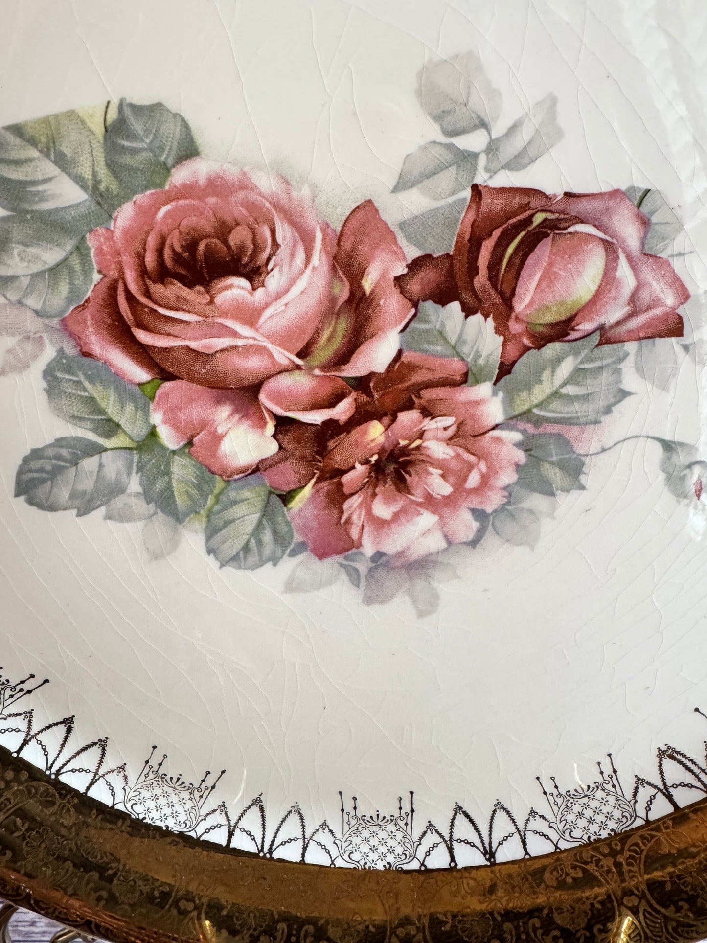Curated Vintage Ceramic Platter & Napkin Ring Set – 22k Gold Rim + Crazed Glaze