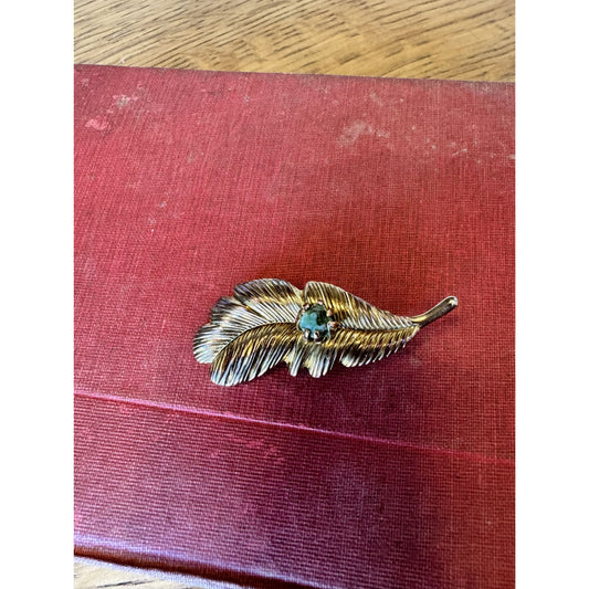 Vintage Feather Brooch with Green Glass Stone