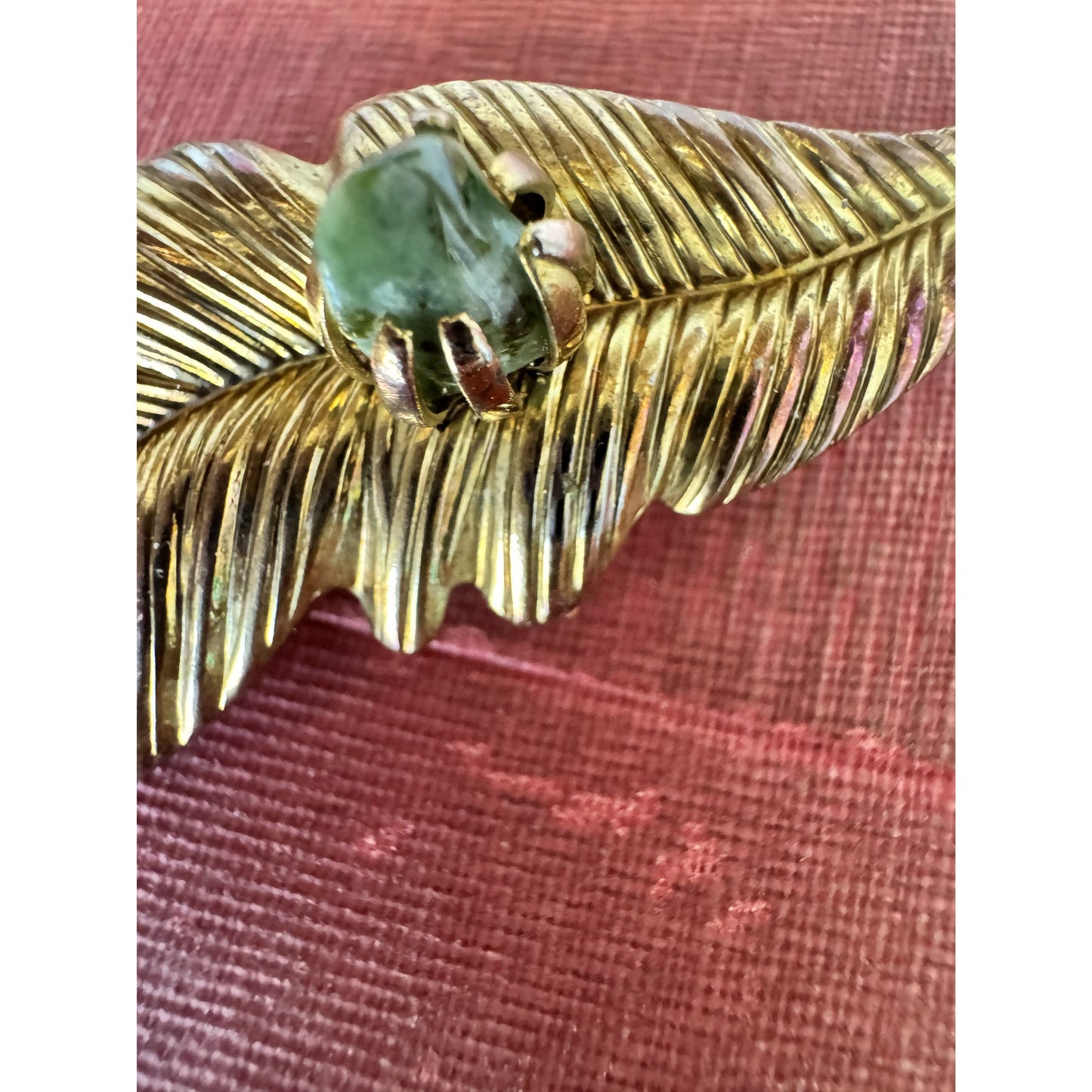 Vintage Feather Brooch with Green Glass Stone