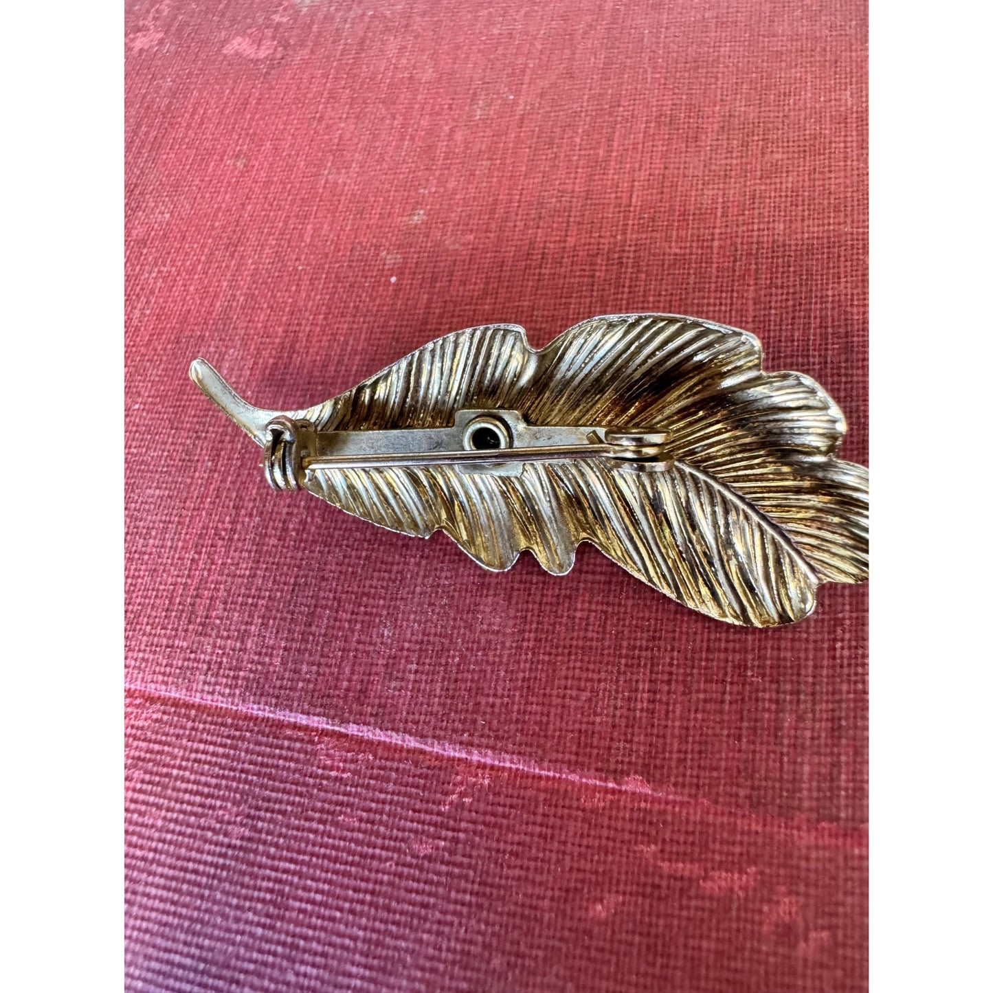 Vintage Feather Brooch with Green Glass Stone