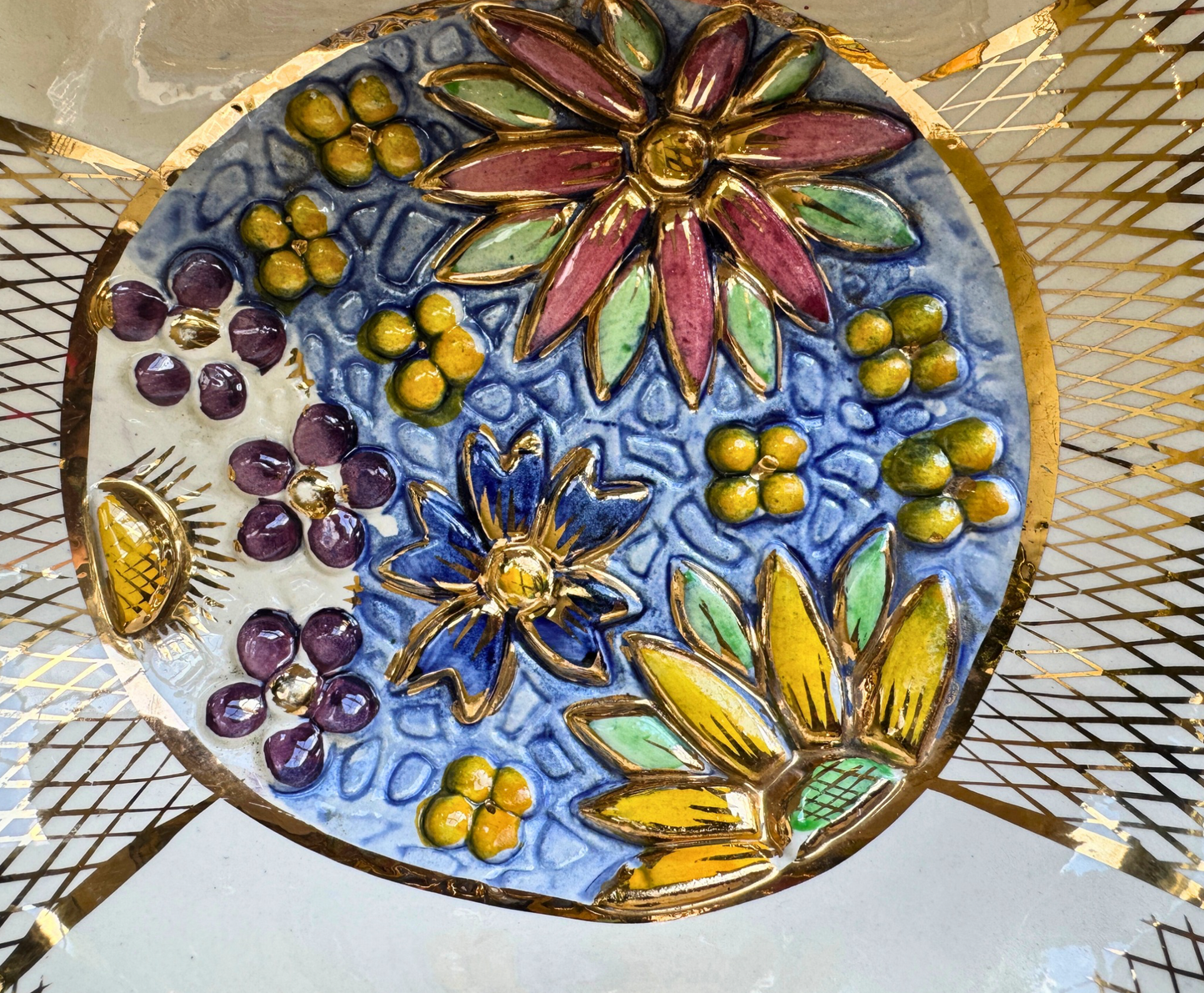 Vintage Belgium Ceramic Floral Leaf Dishes – Pair (Hand-Painted, Gold Lattice)
