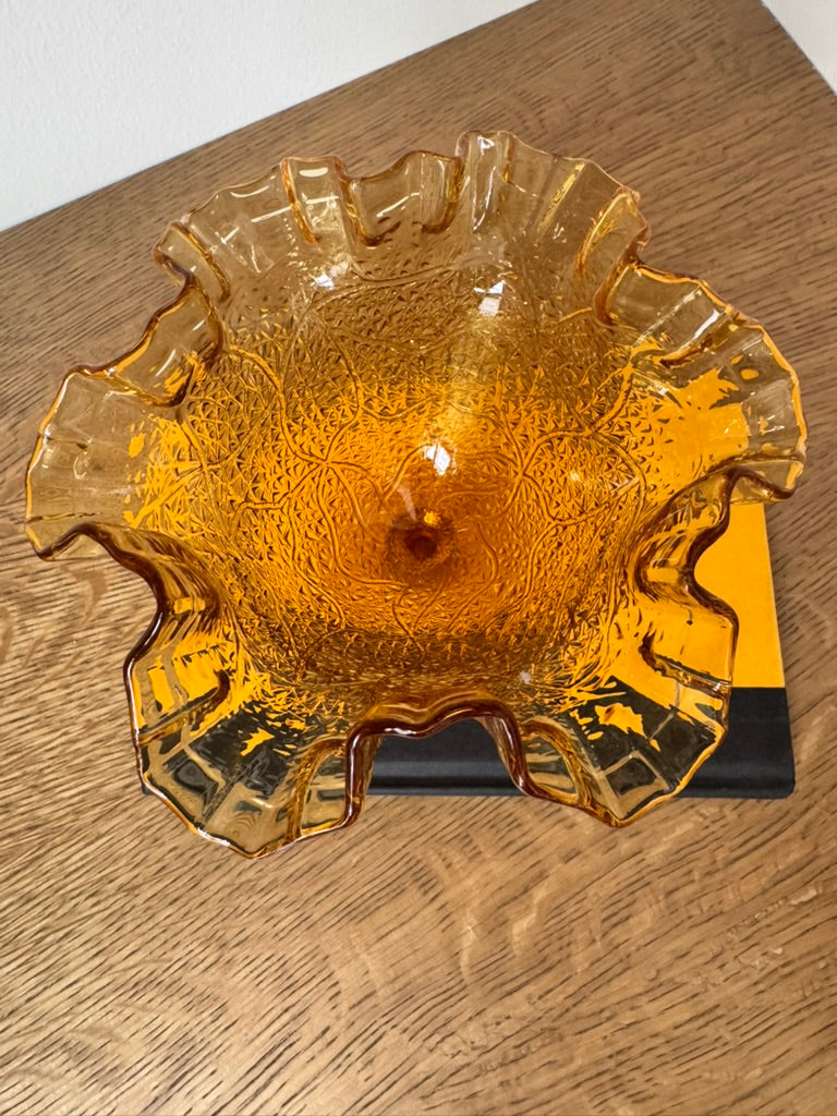 Fenton Tree of Life Amber Glass Compote – Ruffled Edge