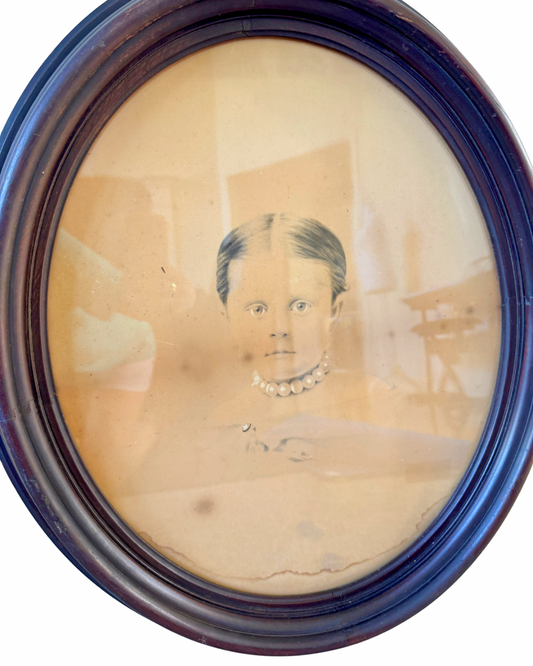 Victorian Oval Portrait Photograph in Original Wood Frame – 19th Century Antique Wall Art (25”)